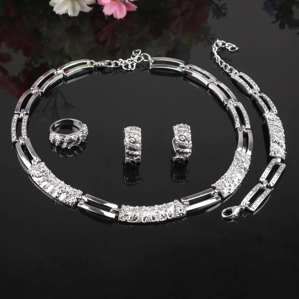 Silver Colour Jewellery Sets Crystal African Beads Necklace Earrings Ring Bracelet Set