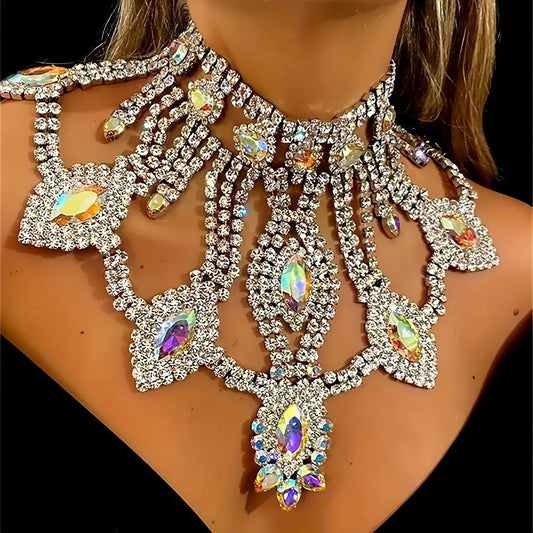 AB Crystal Pendant Large Necklace Luxury Shiny Bridal Rhinestone Jewellery