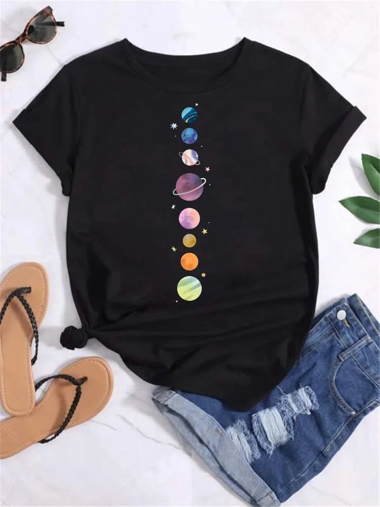 Women Moon Planet Print Round Neck Short Sleeve Streetwear Female T-Shirt  Tops