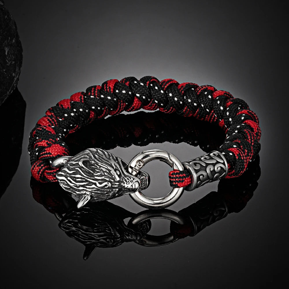 Retro Norse Odin's Wolf Survival Bracelets Men Viking Geri&Freki Stainless Steel Paracord Rope Bangles Handmade Outdoor Jewelry - Hiron Store