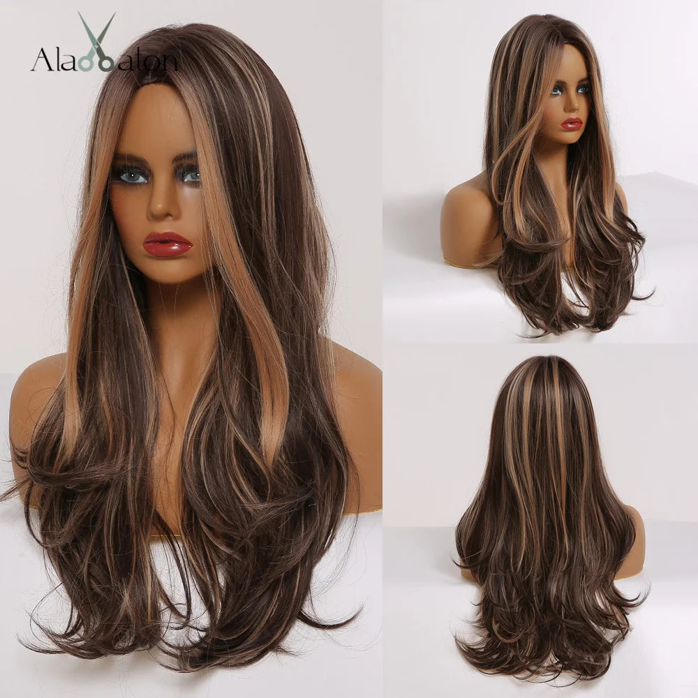 Black Long Body Wavy Synthetic Wigs for Women Afro Natural Black Hair Wigs Middle Part Heat Resistant Fiber Daily