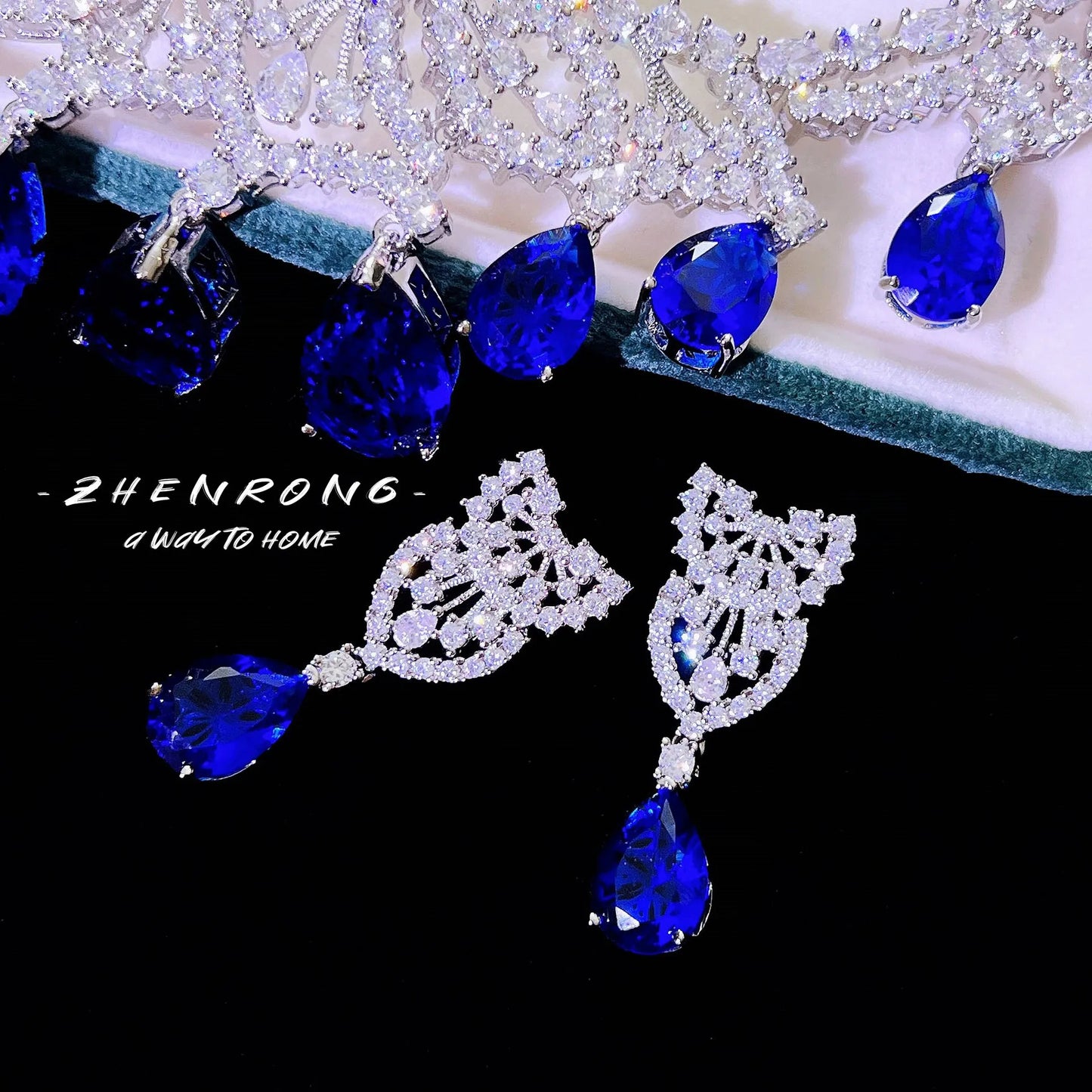 Luxury Designer Jewelry Choker Necklaces Earrings Sets Water Drop Blue Sapphires Silver Color Wedding Bride Women Accessories - Hiron Store