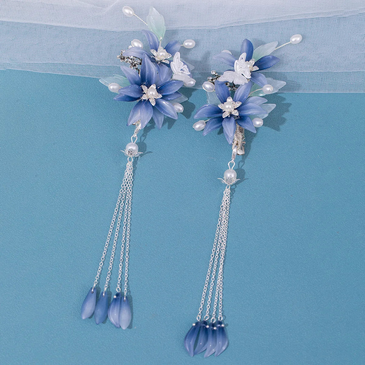 Blue Flower Hairpins Side Clips Retro Chinese Fashion Fringe Jewelry Long Tassel Pendant Headpiece for Women Girls Hanfu Dress - Hiron Store