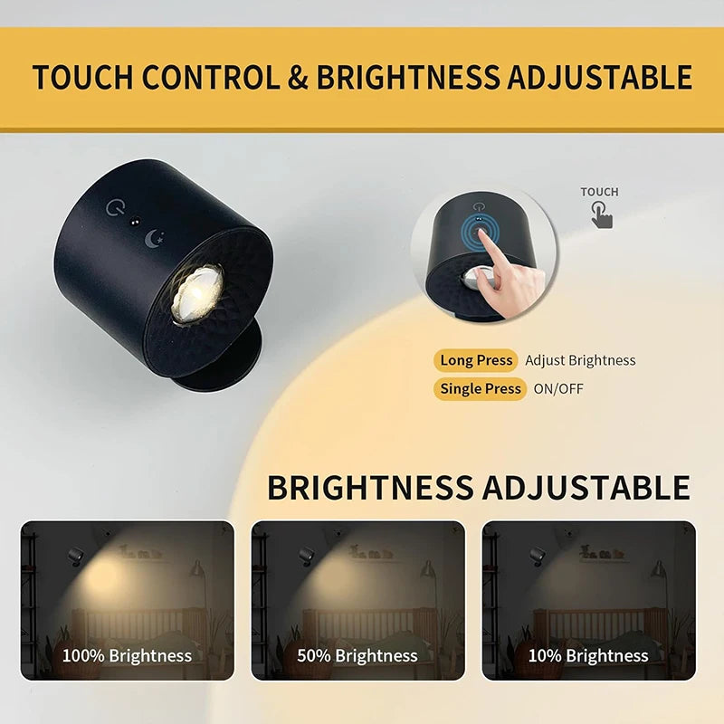 Led Double Head Wall Lamp Touch Control Remote 360 Rotatable USB Recharge Wireless Portable Night Light