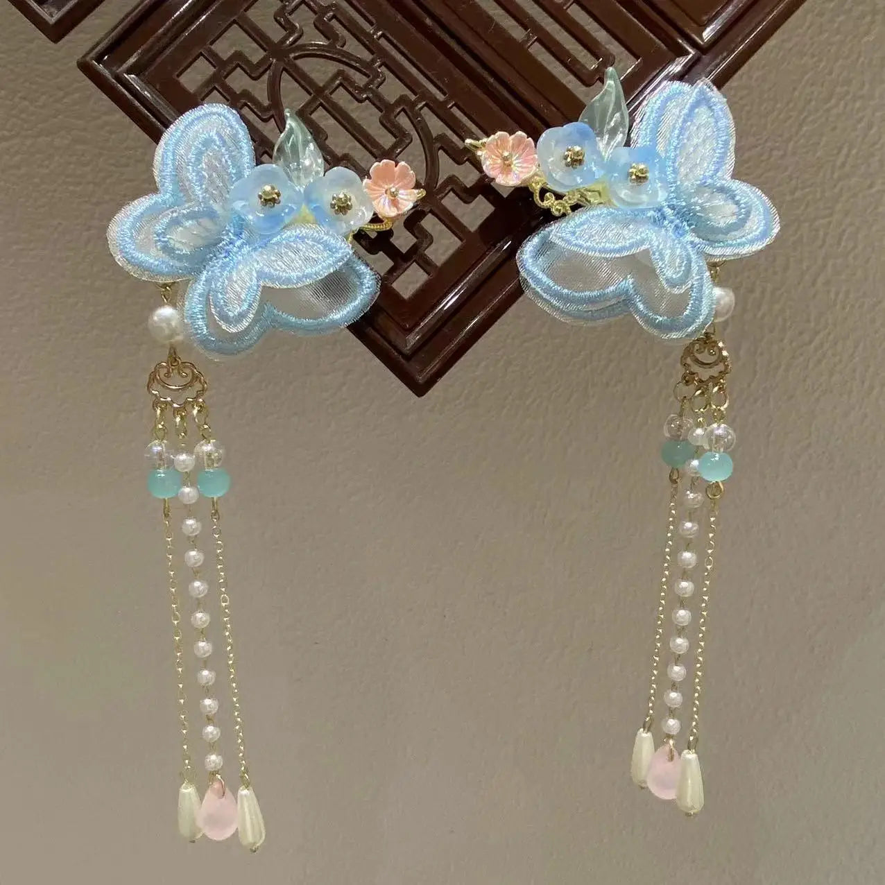 Blue Flower Hairpins Side Clips Retro Chinese Fashion Fringe Jewelry Long Tassel Pendant Headpiece for Women Girls Hanfu Dress - Hiron Store