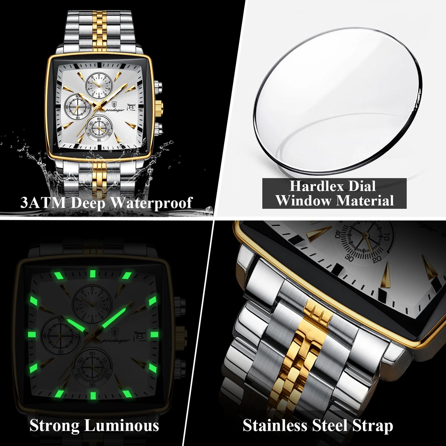 Luxury Square Sport Man Wristwatch Waterproof Luminous Watches Stainless Steel Men Watch