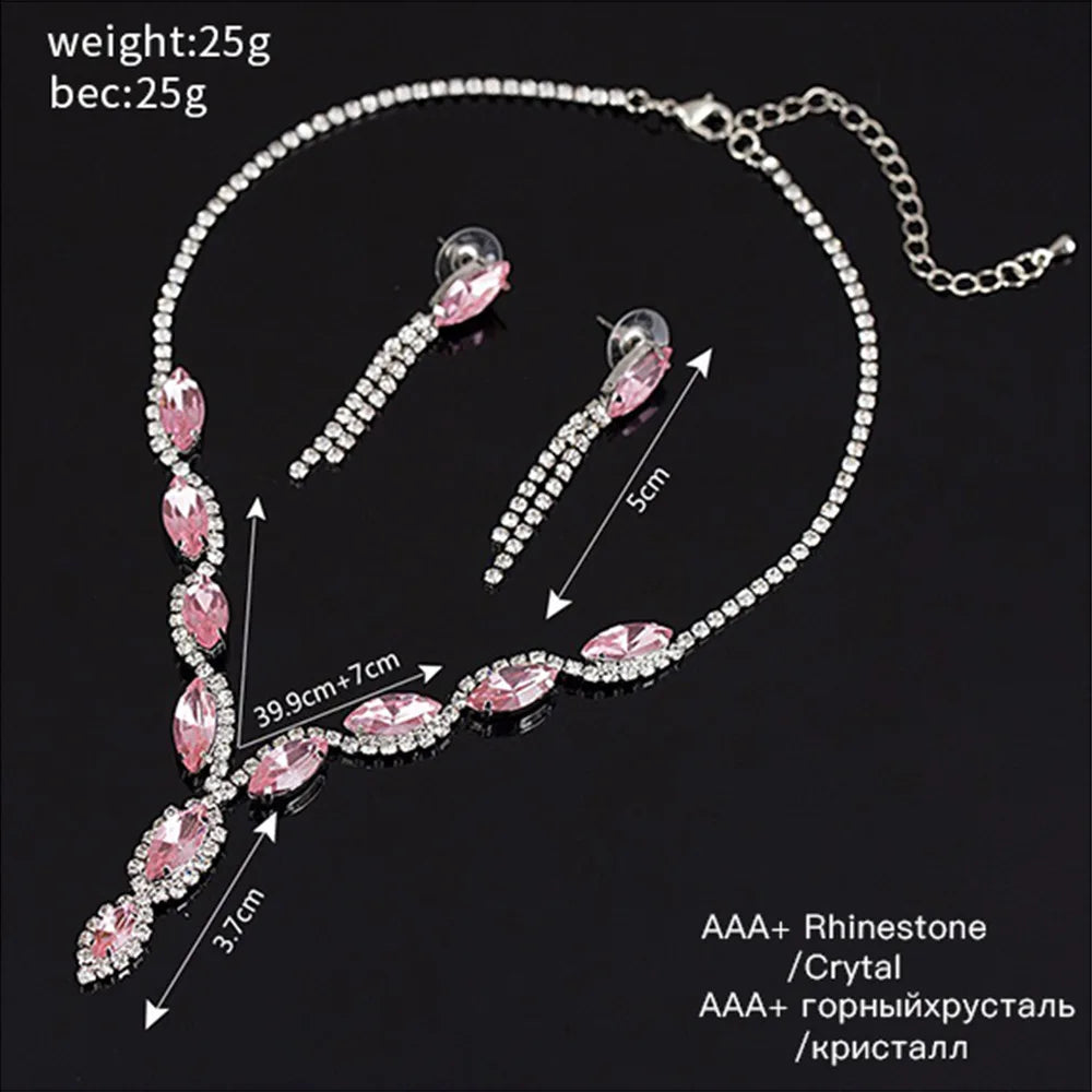 Pink Crystal Wedding Jewellery Sets Long Necklace Earrings Bridal Jewelry Set