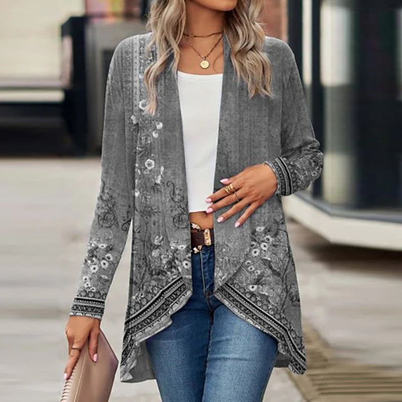 Women Jacket Turn Down Collar Solid Long Sleeve Print Cardigan Women Casual Coats