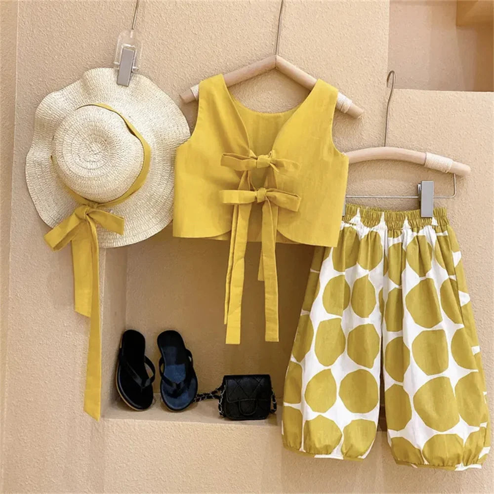 Summer Kids Clothes Floral Chiffon Halter+Embroidered Shorts Straw Children Clothing