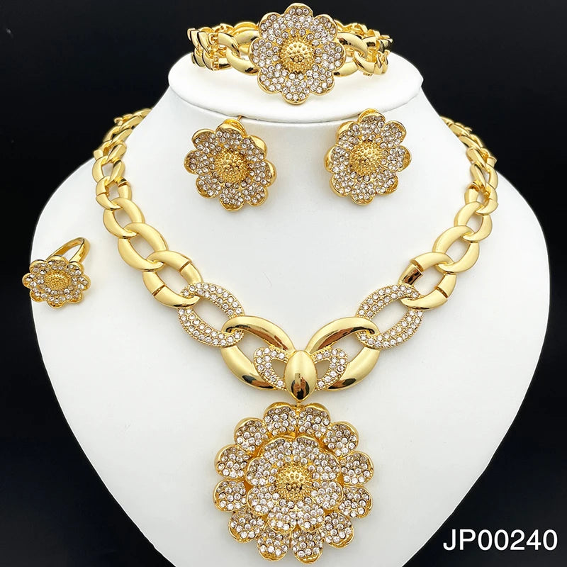 Vintage Jewelry Sets For Women Plant Flower Big Pendant Quality Necklace Earrings Ring Bracelet Set