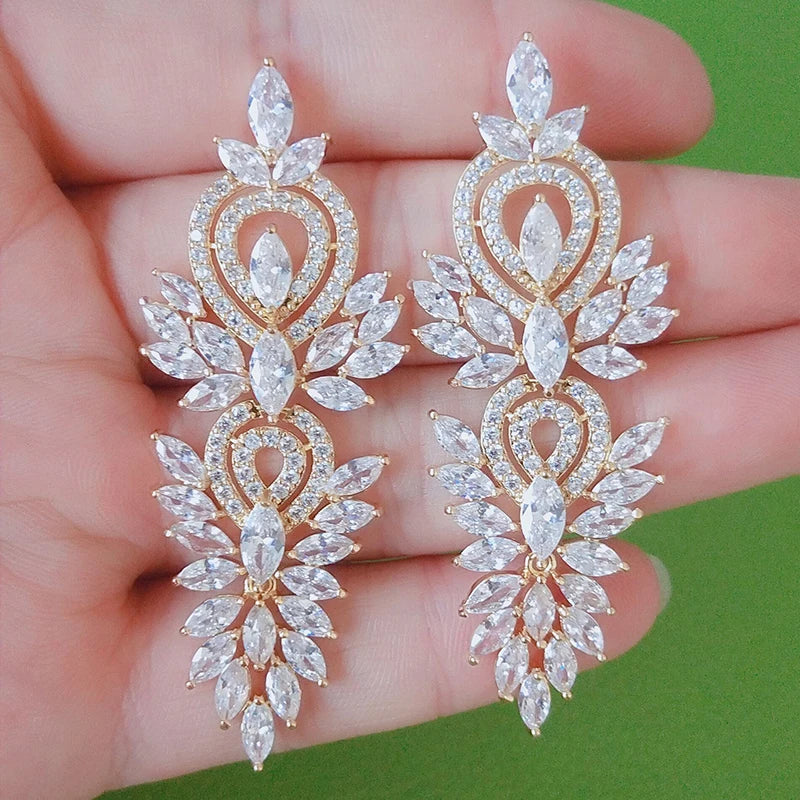 Leaf Marquise Zircon Long Drop Dangle Earrings