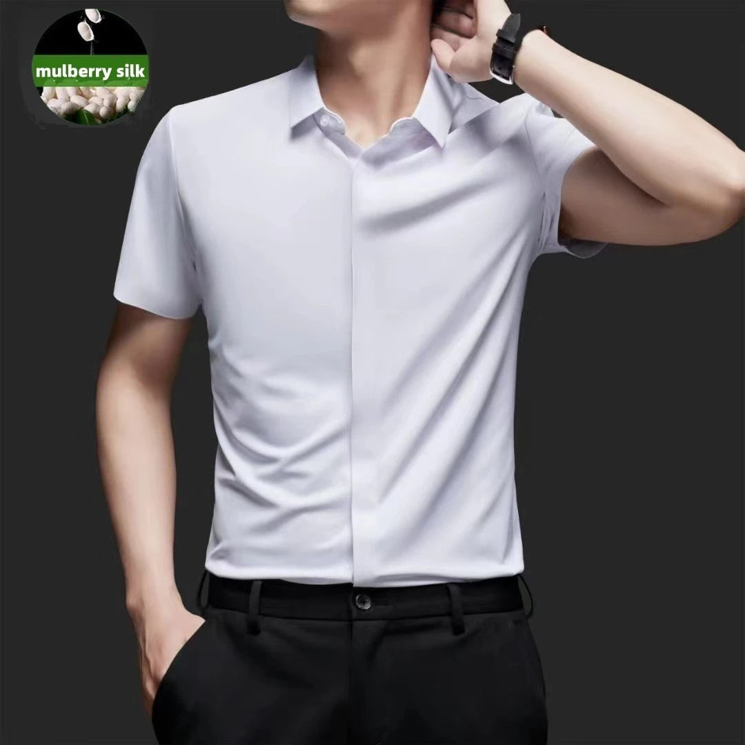 High end Mulberry Silk Dress Shirts, Business  Men Wrinkle Resistant, Button Invisible Elastic Tops, Luxurious Male  Clothing