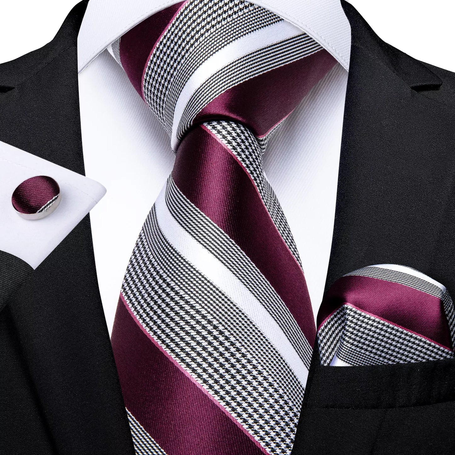 Striped Tie For Men Red Wine White Silk Wedding Tie