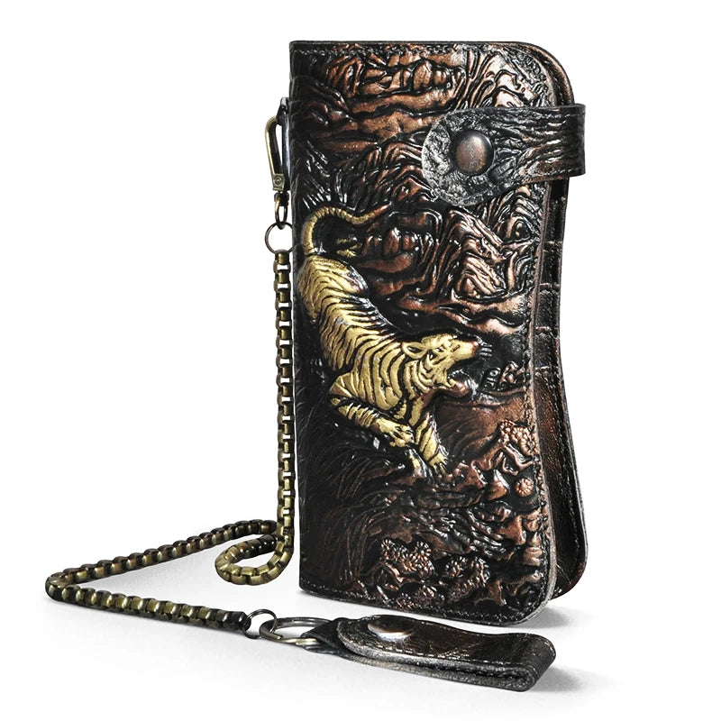 Luxury Male Cattle Real Leather Design Dragon Emboss Check book Iron Chain Organizer Wallet Purse