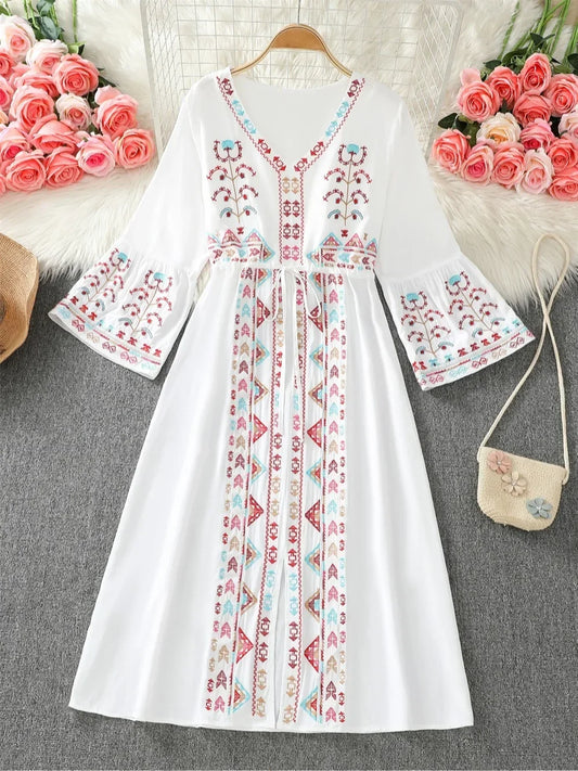 Boho Ethnic Style Embroidery Holiday Dresses Beach Long Dress V-neck A-line High Waist  Flared Sleeves Vestidos Mujer Dropship - Hiron Store