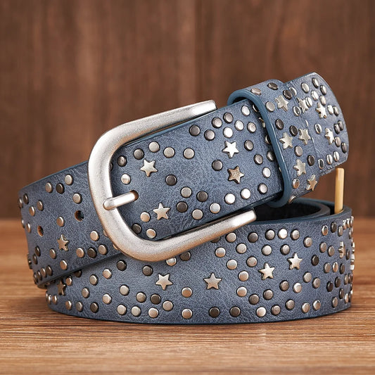 New Fashion Women's Rivet Belts Punk Rock Style Male Belt For Lady PU Leather Sequins Metal buckle Wide Metal Star Rivet bead - Hiron Store