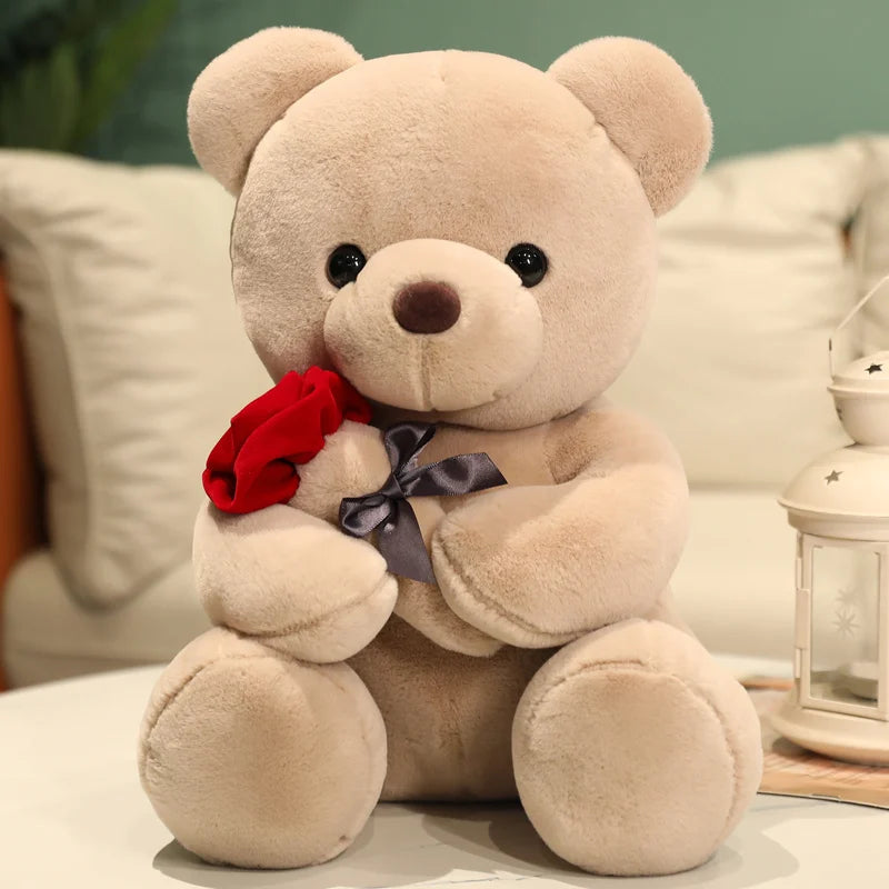 Kawaii Teddy Bear with Roses Plush Toy Soft Bear Stuffed Doll Romantic Gift for Lover Gifts for Girls