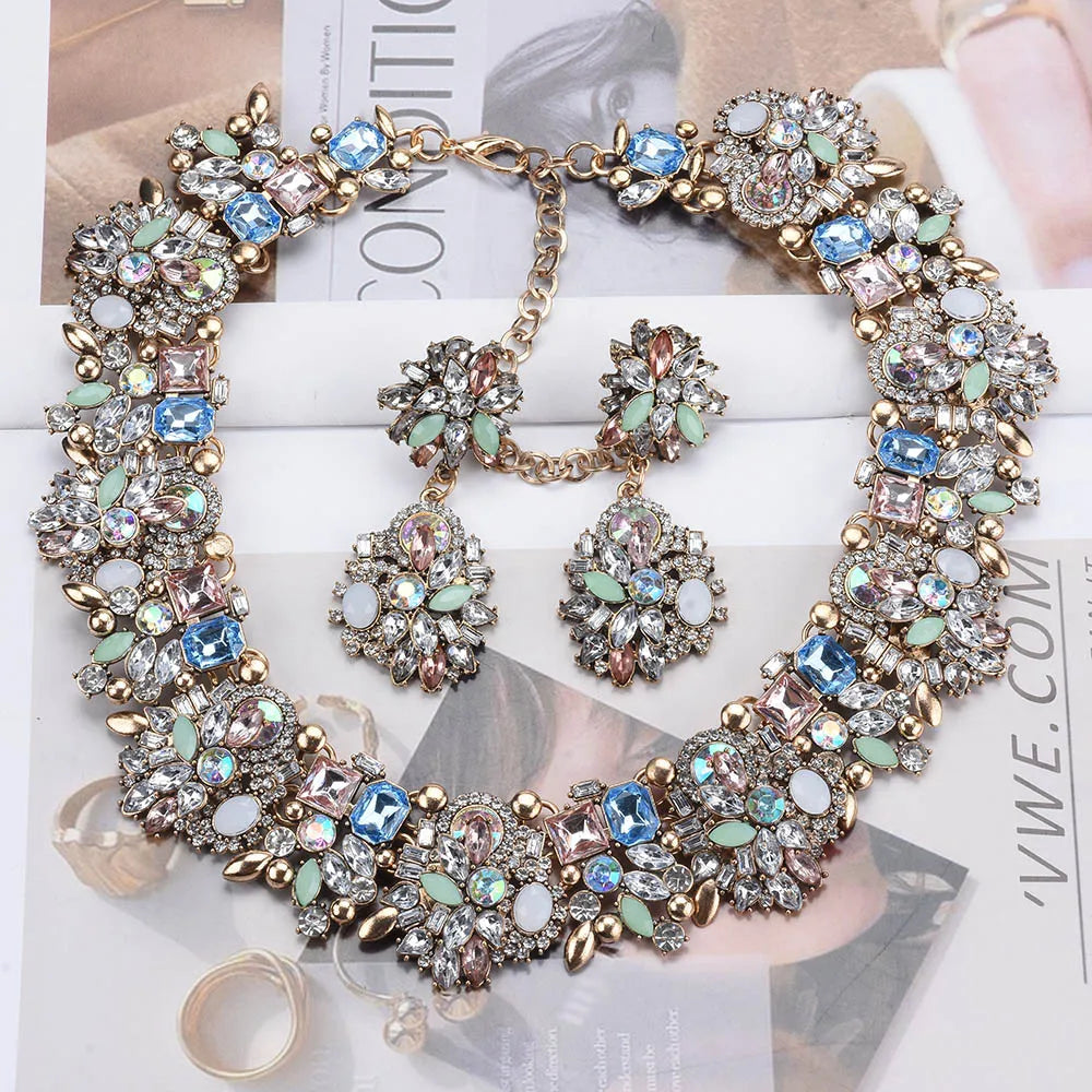 White Crystal Rhinestone Choker Necklace Earrings Women Jewelry Sets