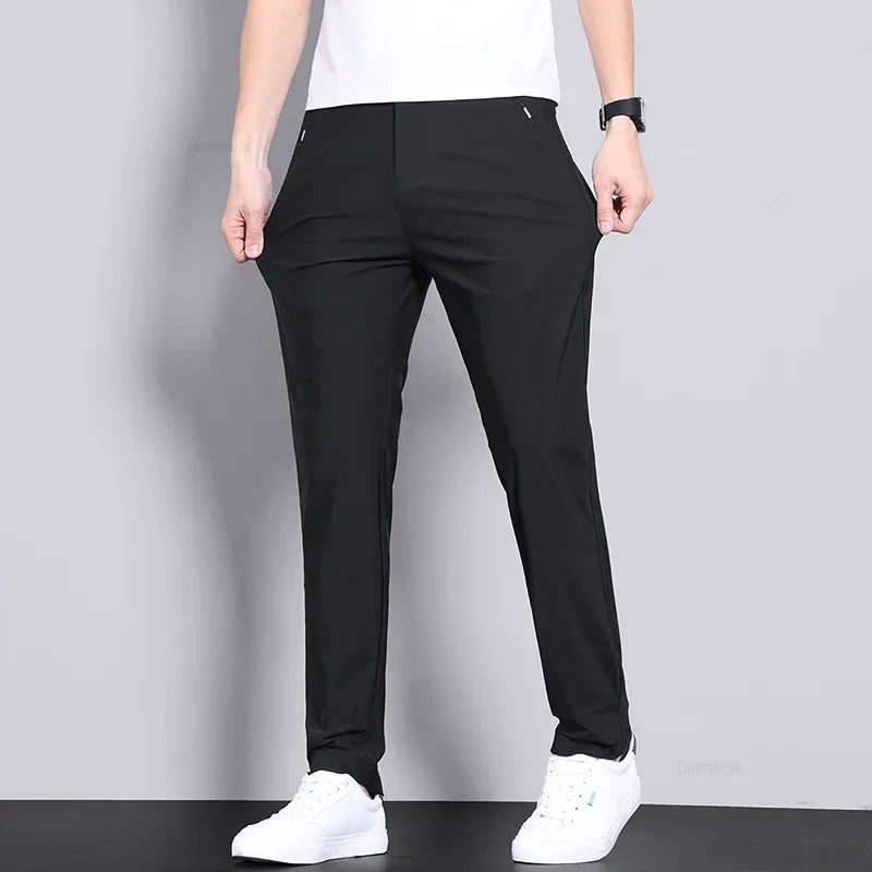 Ultra-thin Elastic Men's Casual Trousers Ice Silk Slim Straight Solid Colour Trousers Black Gary