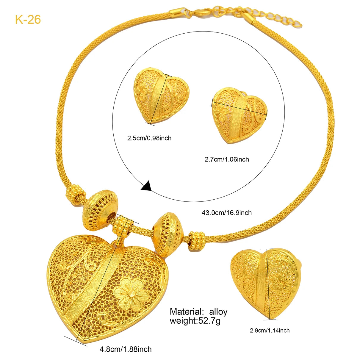 Ethiopian 24k Gold Color Heart Pendant Necklace Sets for Women Indian Anniversary Africa Bridal Necklace Earrings Ring Set Gifts - Hiron Store