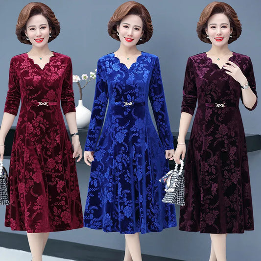 Middle-Aged And Elderly Female Autumn High Pressure Flower V-Neck Dress Temperament Long Sleeve Long Mother Dress Female Elegant - Hiron Store