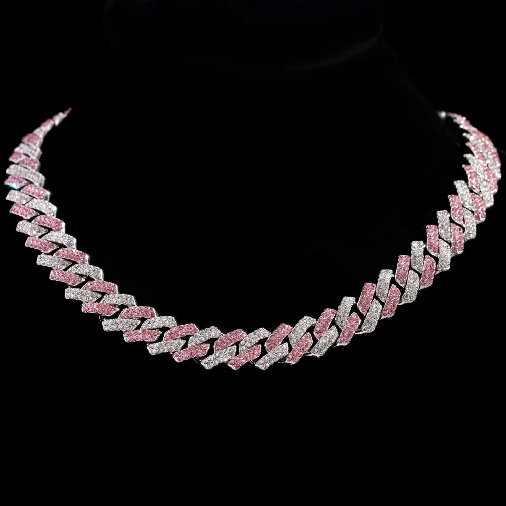 Hip Hop Pink Crystal Cuban Link Chain Necklace for Women Bling Iced Out Silver Color Rhinestone Paved Choker Necklaces Jewelry - Hiron Store