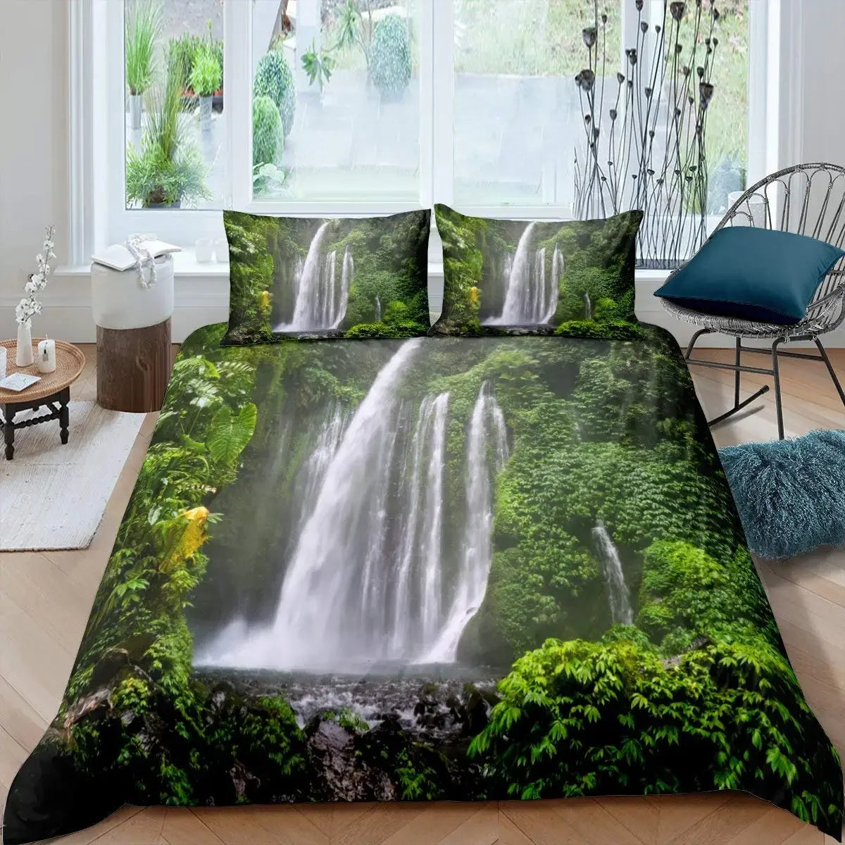 Waterfall Duvet Cover Set Natural Scenery Quilt Cover Pillowcase Landscape Forest Queen Size Polyester Bedding Set