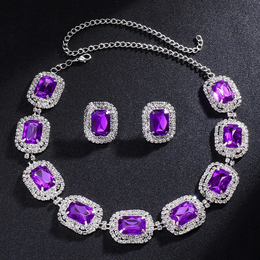 Stonefans Rhinestone Purple Necklace Earrings Set