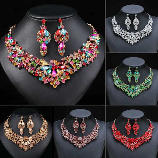 retro necklace earring set leaf Multi-coloured flowers crystal jewellery