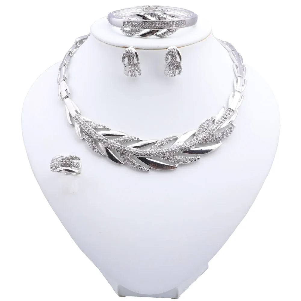 Silver Color Dubai Jewelry Set for Women Crystal Necklace Earrings with Bangle Ring