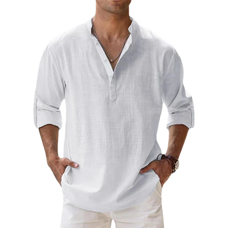 New Cotton Linen Shirts for Men Casual Shirts Lightweight Long Sleeve Henley Beach Shirts Hawaiian T Shirts for Men - Hiron Store