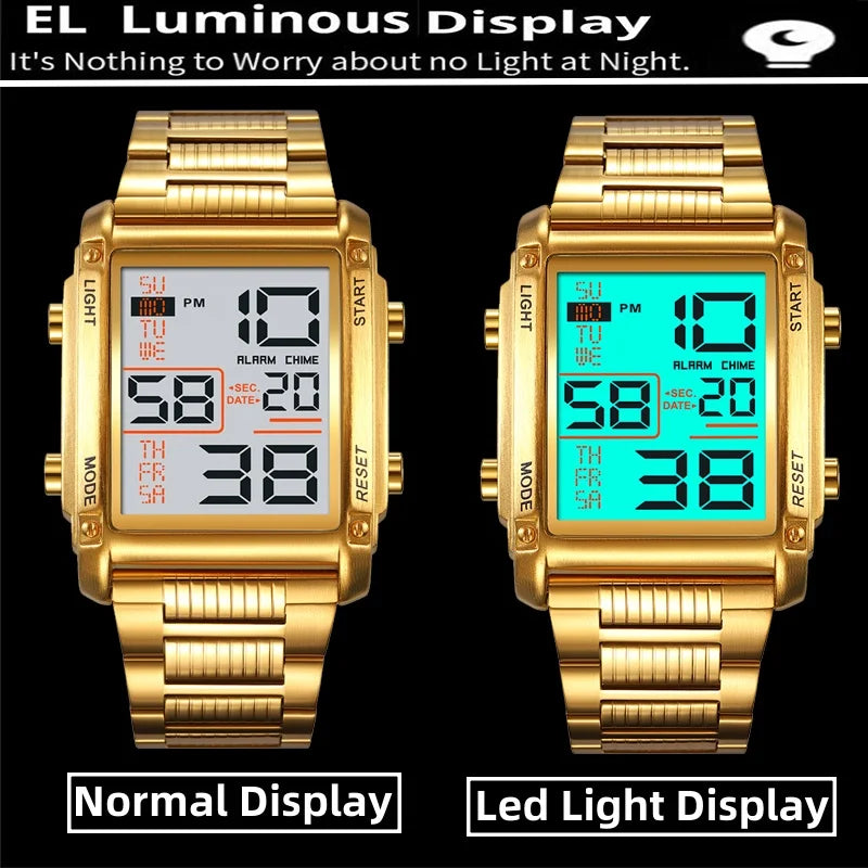 Dual Time Stainless Steel Strap Hardness Glass Dial Led Waterproof Stopwatch Digital Sports Bracelet Watches