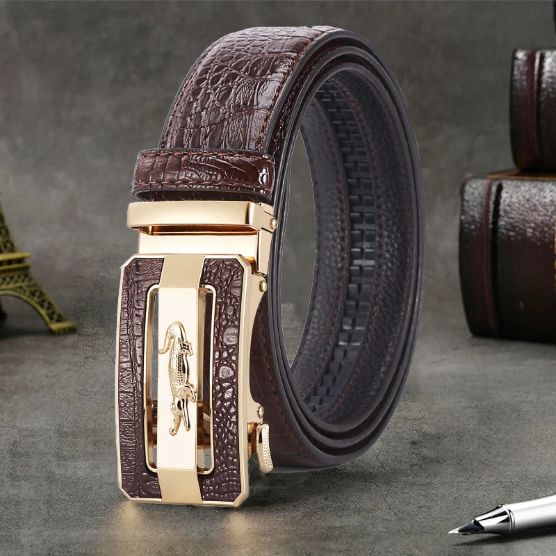 Men's Belt Fashion Crocodile Pattern Belt Alloy Automatic Buckle Strap Casual Business Style Jeans Belt