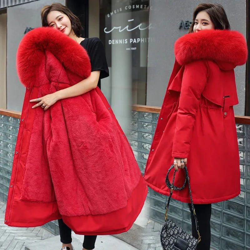 Winter Women Jacket Long Parka  Fur Collar Loose Long Coat Wool Liner Hooded Jacket