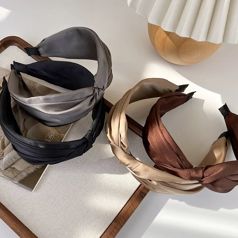 Retro Coffee Color Satin Knotted Wide Headbands Woman Temperament Elegant Hairband Hair Hoop Hair Fashion Accessories