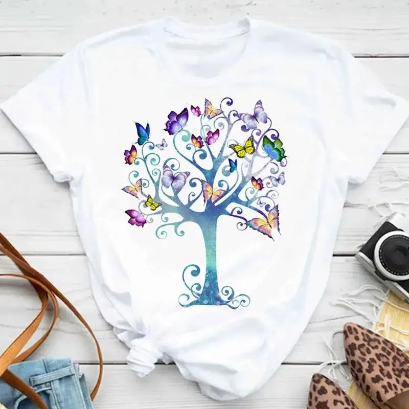 Fashion Women Men T Shirt Colorful Butterfly Petal Graphic Print T Shirt Casual Crew Neck Short Sleeve Plus Size T Shirt Unisex - Hiron Store