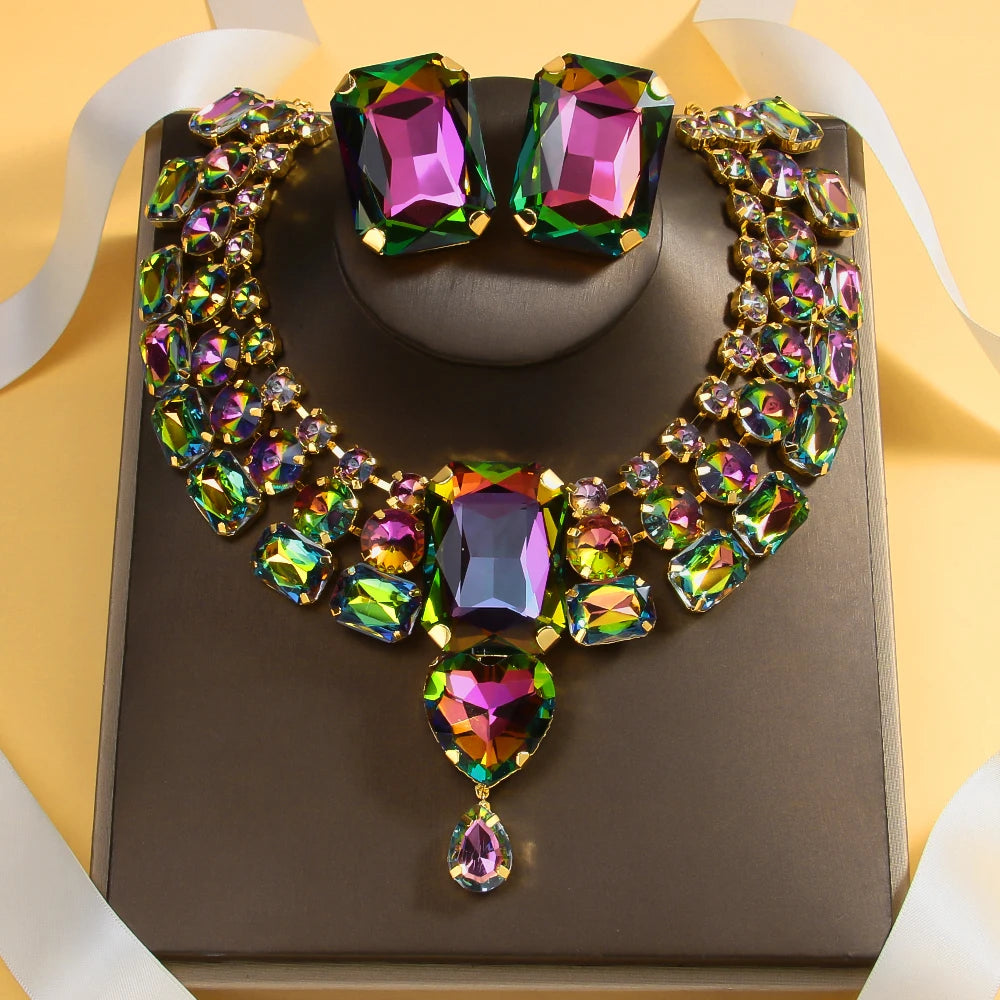 Stonefans Colorful Necklace Earrings Set Chunky Accessories Rhinestone Nigerian Jewelry Set