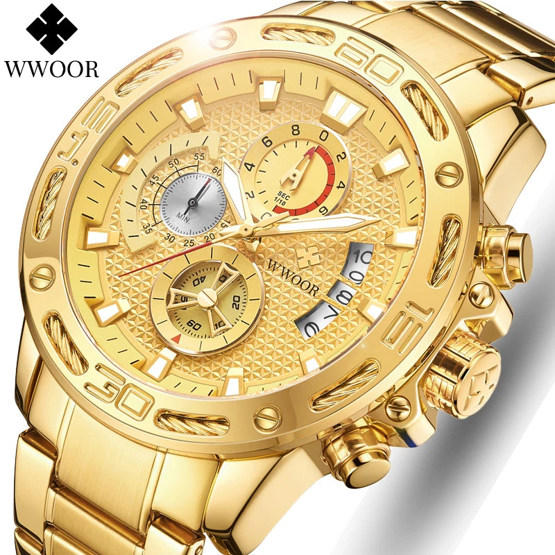 WWOOR Mens Watches Luxury Gold Stainless Steel Quartz Watch Men Waterproof