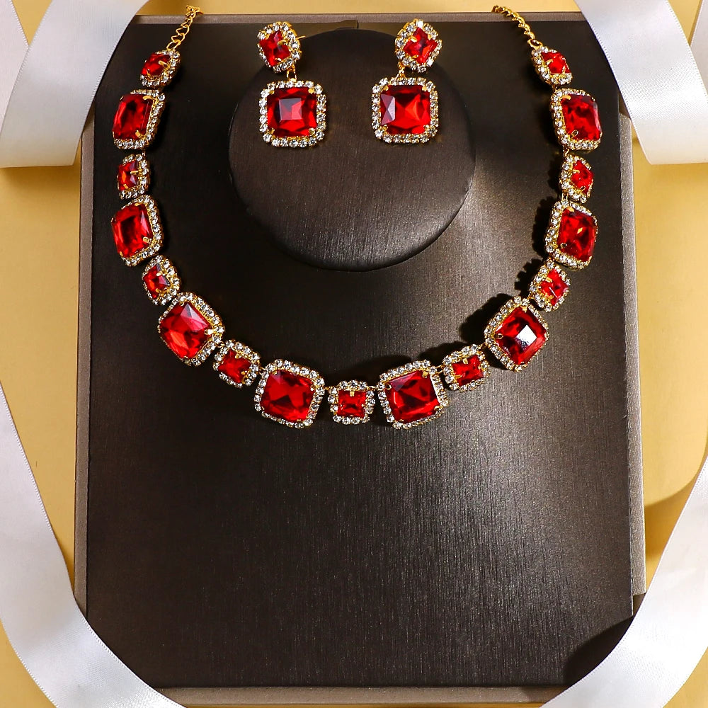 Red Square Crystal Necklace Earrings Set Large Bridal Jewellery Sets