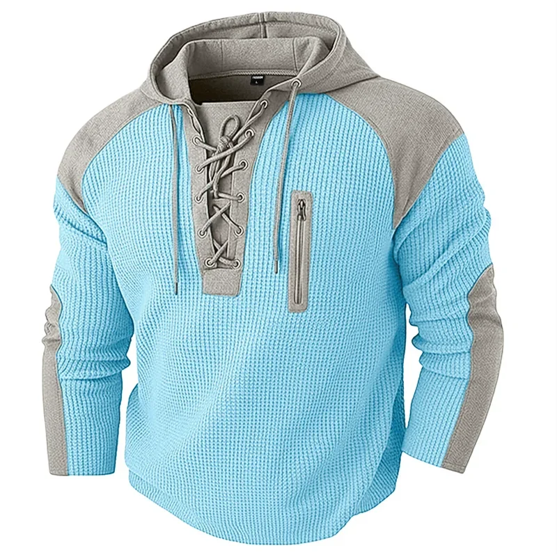 Spring Autumn Men's Casual Hooded Sweatshirt Vintage Patchwork Sports Pullover Fashion Drawstring Hoodie