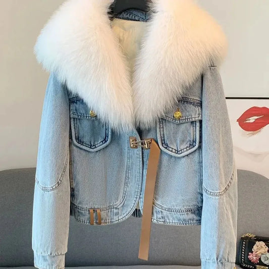 Cowboys Women Overcoat Loose Short Imitation Fox Fur Coat Winter Thick Warm Jeans Cotton-Padded Jacket