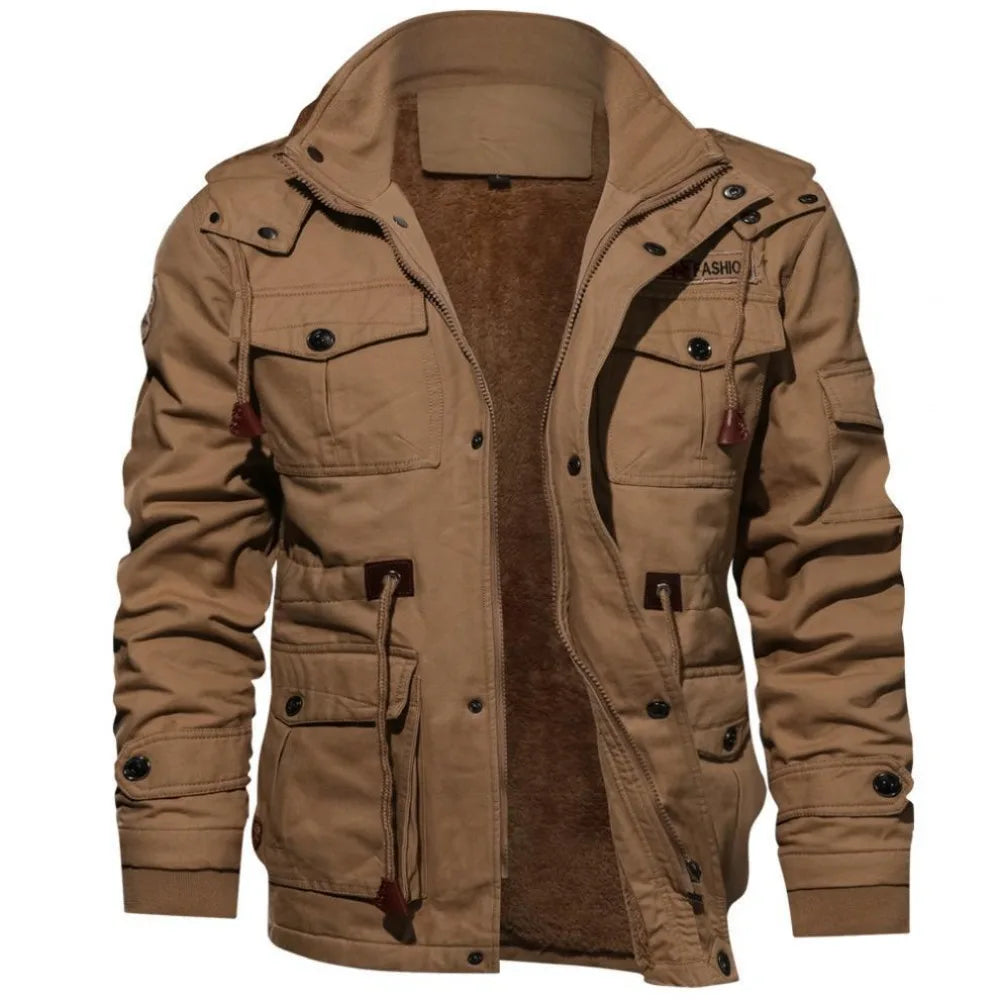 Men's cargo jacket warm fleece hooded coat top casual military cotton men's clothing