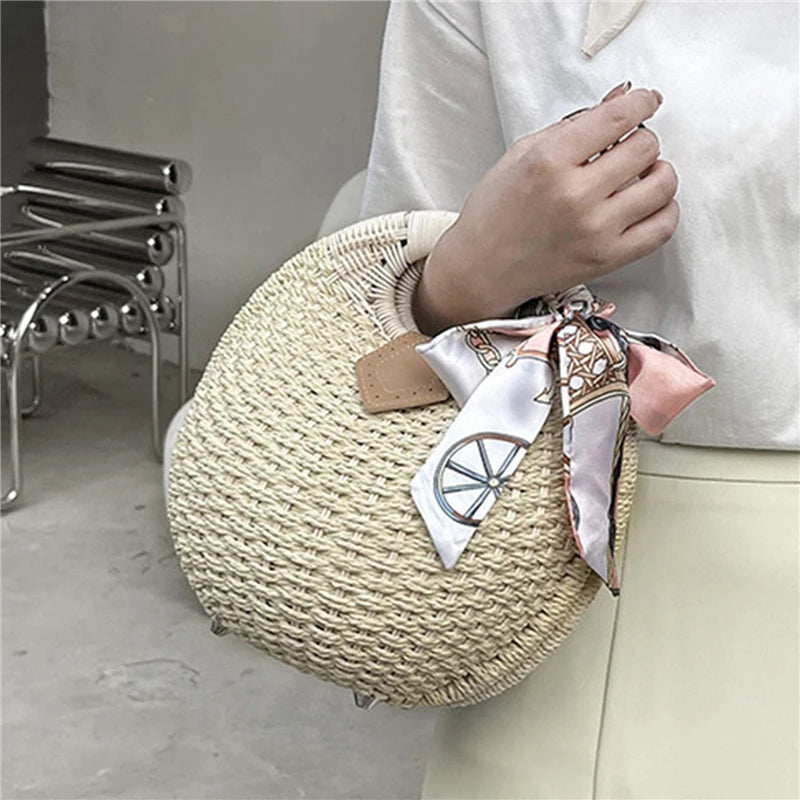 Holiday Shell Handbags Personality Cute Rattan Bag Casual Small Round Tote Woven Female Fashion Beach Bag - Hiron Store