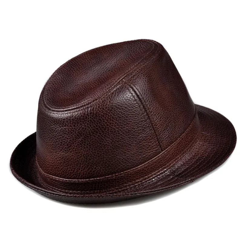 Man High Quality Genuine Leather Formal Hat Jazz Gentleman Cow Skin Short Black/Brown Top Hat