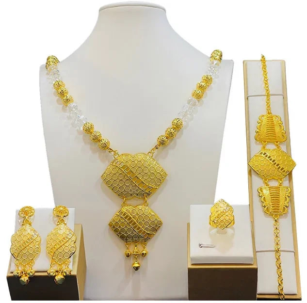 Dubai Jewelry Set For Women Necklace Earrings Indian Thailand Two Piece Set Gold Color