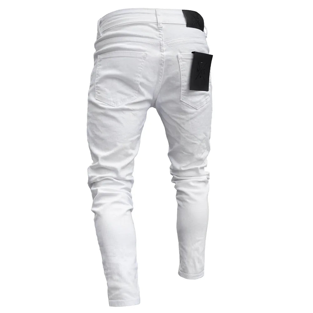 White Embroidery Jeans Men Cotton Stretchy Ripped Skinny Jeans Pants