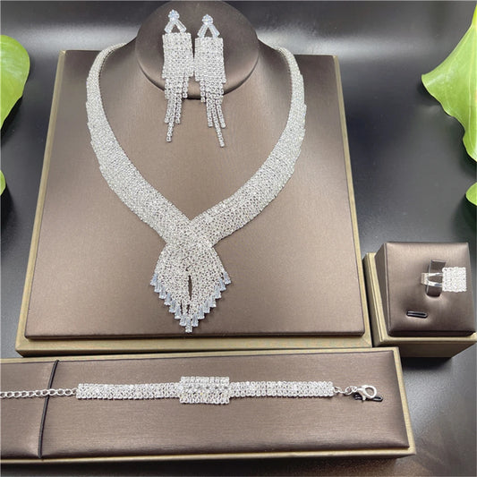 4pc Fashion Exquisite Tassel Rhinestone Earrings Necklace Ring Bracelet Set Luxury Wedding Party Crystal Jewelry Accessories - Hiron Store