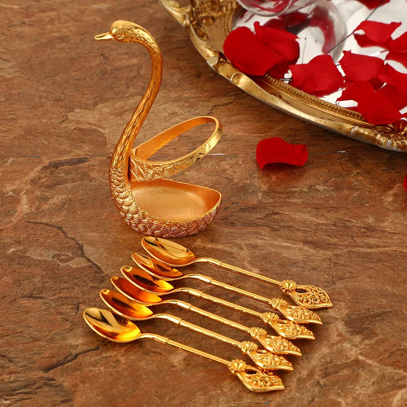 Steel Creative Dinnerware Set Decorative Swan Base Holder With 6 Spoons For Coffee Fruit Dessert Stirring Mixing