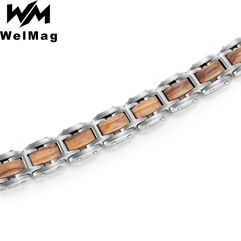 Men Women Wooden Stainless Steel Healthy Bio Energy Healing Magnetic Bracelet