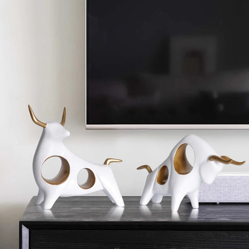 Creative Resin Animal Sculpture Abstract Simulation Cattle Bull Statue Golden Hollow Modern Home Decoration